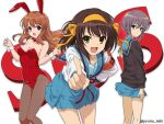  3girls :d animal_ears armband asahina_mikuru bangs bare_shoulders blue_sailor_collar blue_skirt bob_cut breasts brown_cardigan brown_eyes brown_hair cardigan cleavage closed_mouth commentary expressionless eyebrows_visible_through_hair fake_animal_ears frown hair_between_eyes hair_ribbon hairband hand_on_hip index_finger_raised isshi_pyuma kita_high_school_uniform large_breasts leotard long_hair long_sleeves looking_at_viewer multiple_girls nagato_yuki open_mouth orange_hair orange_hairband orange_ribbon pantyhose playboy_bunny purple_hair rabbit_ears red_leotard red_ribbon ribbon sailor_collar school_uniform serafuku short_hair simple_background skirt smile standing suzumiya_haruhi suzumiya_haruhi_no_yuuutsu white_background 