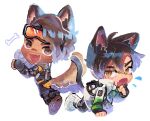  2boys animal_ears apex_legends backpack bag black_gloves bodysuit brown_eyes cat_boy cat_ears cat_tail chibi crypto_(apex_legends) dark-skinned_male dark_skin dog_boy dog_ears dog_tail facial_hair fang fingerless_gloves gloves goatee head_tilt husagin jacket kemonomimi_mode mirage_(apex_legends) mole mole_under_eye multiple_boys open_mouth orange_bodysuit skin_fang tail v-shaped_eyebrows white_jacket 