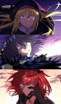  1boy 2girls absurdres artoria_pendragon_(caster)_(fate) artoria_pendragon_(fate) bangs black_bow black_gloves black_hair black_scrunchie black_shirt blonde_hair blue_capelet blue_eyes blue_headwear bow capelet cloak closed_mouth commentary_request diamond_hairband evil_smile eyebrows_visible_through_hair fangs fate/grand_order fate_(series) floating_hair fujimaru_ritsuka_(female) fur-trimmed_cloak fur_trim gloves glowing glowing_eye gold_trim green_eyes hair_between_eyes hair_bow hair_ornament hair_scrunchie hand_on_own_face hat highres house_tag_denim korean_commentary long_hair long_sleeves looking_at_viewer multiple_girls oberon_(fate) orange_eyes orange_hair polar_chaldea_uniform ponytail scrunchie shirt short_hair side_ponytail sidelocks sky smile spoilers teeth twintails twitter_username uniform very_long_hair white_shirt 