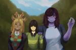  2019 anthro antlers big_breasts blonde_hair blue_sky breasts brown_body brown_fur buckteeth capreoline cervid cervine chalk checkered_clothing clothing collar deltarune ears_up eyelashes eyes_behind_hair eyes_closed female forest freckles friends fur group hair hand_on_shoulder hi_res horn human jacket kris_(deltarune) larger_female lizard male mammal noelle_holiday opheober pattern_clothing photo plant prick_ears purple_body purple_scales purple_skin red_nose reindeer reptile scales scalie sharp_teeth size_difference sky smile smiling_at_viewer susie_(deltarune) sweater taller_female teeth topwear tree undertale_(series) video_games yellow_eyes 