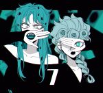  aqua_eyes aqua_hair aqua_theme bare_shoulders blending braid diavolo extra_mouth eyelashes fangs giorno_giovanna hand_eye hand_mouth jojo_no_kimyou_na_bouken lipstick makeup monochrome off-shoulder_shirt off_shoulder polka_dot_hair sempon_(doppio_note) shirt v-neck vento_aureo 