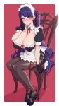  1girl apron bangs black_gloves blush breasts chair cleavage collarbone copyright_request covered_nipples detached_sleeves earrings eyebrows_visible_through_hair gloves hair_ribbon hanauna highres huge_breasts jewelry long_hair maid_headdress mole mole_under_eye open_mouth pantyhose puffy_sleeves purple_eyes purple_hair red_ribbon ribbon short_sleeves sitting solo stud_earrings waist_apron 