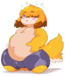  2021 4_fingers :&lt; anthro blush bodily_fluids bottomwear canid canine canis chubby_male clothing cosith daww digital_drawing_(artwork) digital_media_(artwork) dog_boy_(berseepon09) domestic_dog fingers flustered fur hair hair_over_eye hand_on_stomach hi_res kneeling male mammal navel one_eye_obstructed orange_body orange_fur pants shirtless shy simple_background slightly_chubby solo sweat sweatdrop white_background wide_hips 