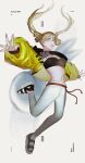  1girl airborne barefoot_sandals belt black_tube_top blue_eyes floating_hair hair_behind_ear highres jacket long_hair open_hands open_mouth original pants red_belt solo strapless tsukura_sae tube_top twintails white_background white_pants yellow_jacket 