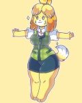  animal_crossing anthro blonde_hair blue_bottomwear blue_clothing blue_skirt bottomwear breasts canid canine canis clothing domestic_dog dress_shirt female fur green_clothing green_topwear green_vest hair hi_res isabelle_(animal_crossing) mammal nintendo pupils shih_tzu shirt short_tail simple_background skirt solo t-pose tan_background topwear toy_dog vest video_games watermelonthecat white_clothing white_pupils white_shirt white_topwear yellow_body yellow_fur 