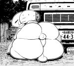  anthro balls beri_(sqoon) big_butt blush blush_lines bodily_fluids butt car duo genitals huge_butt humanoid male male/male outside penis penis_on_butt puwa sailewder sqoon sweat vehicle 