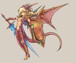  1girl blonde_hair blue_eyes breasts clip_studio_paint_(medium) closed_mouth dragon_girl full_body grey_background hair_between_eyes holding holding_shield holding_sword holding_weapon horns long_hair looking_at_viewer medium_breasts monster_girl navel original shield simple_background solo spread_wings sword weapon yuugiri 
