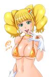  1girl bikini blonde_hair breasts collarbone cure_sparkle eyebrows_visible_through_hair gloves green_eyes hair_ornament healin&#039;_good_precure highres hiramitsu_hinata large_breasts looking_at_viewer navel piercing precure solo swimsuit tamo_(nama-yatsuhashi) tongue_piercing white_background white_gloves 