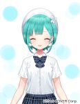 1girl 2016 arms_at_sides bangs bow bowtie closed_eyes collared_shirt company_name copyright earrings facing_viewer green_hair hat hololive jewelry official_art open_mouth pom_pom_(clothes) pom_pom_earrings shirt short_hair skirt smile solo underwear uruha_rushia yasuyuki 