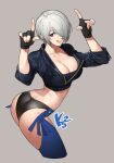  1girl angel_(kof) blue_eyes breasts finger_horns gloves hair_over_one_eye jacket k52 large_breasts panties short_hair the_king_of_fighters tongue tongue_out underwear white_hair 