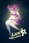  1girl bangs bare_shoulders black_background breasts character_name closed_mouth collarbone commentary_request floating gloves green_background highres holding league_of_legends lux_(league_of_legends) medium_breasts over-kneehighs pink_hair pink_shirt pleated_skirt purple_skirt ruan_chen_yue shirt shoes skirt smile star_guardian_(league_of_legends) star_guardian_lux thighhighs twintails white_gloves 