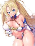  1girl absurdres bangs bare_shoulders bikini blonde_hair blue_bikini blue_eyes blush bradamante_(fate) braid breasts cleavage closed_mouth crown_braid elbow_gloves fate/grand_order fate_(series) gloves hair_between_eyes highres large_breasts long_hair looking_at_viewer navel onsoku_inu revision shiny shiny_skin simple_background smile solo swimsuit thighs twintails two-tone_bikini v-shaped_eyebrows very_long_hair white_bikini 