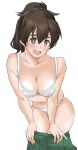  1girl bangs black_ribbon blush bra breasts bright_pupils brown_eyes brown_hair cleavage clothes_pull commentary elf_(stroll_in_the_woods) embarrassed frown girls_und_panzer green_skirt hair_ribbon highres koyama_yuzu looking_at_viewer medium_breasts medium_hair navel no_shirt open_mouth panties pleated_skirt pulled_by_self ribbon short_ponytail simple_background skindentation skirt skirt_pull solo standing sweat textless underwear undressing white_background white_bra white_panties white_pupils 