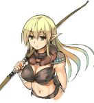  1girl blonde_hair bow_(weapon) breasts closed_mouth colored_tips elf fur_collar gradient_hair green_eyes hair_between_eyes holding holding_bow_(weapon) holding_weapon large_breasts looking_at_viewer multicolored_hair navel original over_shoulder pointy_ears simple_background solo upper_body weapon weapon_over_shoulder white_background yuugiri 