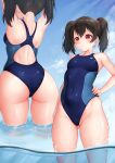  1girl ass black_hair blue_swimsuit blush bow breasts casual_one-piece_swimsuit commentary_request covered_navel hair_bow highleg highres long_hair love_live! love_live!_school_idol_project multiple_views one-piece_swimsuit red_eyes shiny shiny_hair shiny_skin signature skindentation solo standing swimsuit twintails unsfrau water wet yazawa_nico 