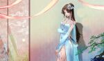  1girl absurdres bare_legs bare_shoulders black_hair blue_dress bonsai doupo_cangqiong dress hair_ornament highres jewelry long_hair streamers weibo_id yun_li_zi_nian yun_yun_(doupo_cangqiong) 