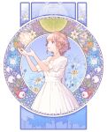  1girl absurdres art_nouveau bangs blue_eyes bouno_satoshi dress eyebrows_visible_through_hair flower hands_up highres lily_(flower) looking_to_the_side open_mouth orange_hair original puffy_sleeves short_hair short_sleeves smile solo upper_body white_dress 