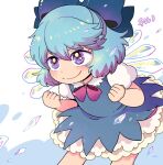  1girl bangs blue_bow blue_dress blue_eyes blue_hair blush bow cirno clenched_hands closed_mouth dress eyelashes feet_out_of_frame hair_bow highres ice ice_wings looking_to_the_side mashuu_masaki neck_ribbon pinafore_dress puffy_short_sleeves puffy_sleeves red_ribbon ribbon shards shiny shiny_hair short_hair short_sleeves smile solo standing touhou wings 
