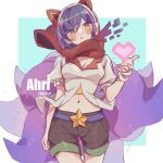  1girl ahri_(league_of_legends) animal_ears arcade_ahri artist_name black_shorts blue_eyes blush bracelet breasts character_name cleavage commentary_request cowboy_shot eyebrows_visible_through_hair fake_animal_ears fox_tail headphones heart highres jewelry league_of_legends looking_at_viewer midriff navel pixelated purple_hair red_scarf ruan_chen_yue scarf short_hair shorts solo star_(symbol) tail vastaya 