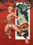  1boy animal_ears arm_up arsh_(thestarwish) barefoot blonde_hair bulge clenched_hand fighting_stance fundoshi fur-trim highres japanese_clothes legs_apart looking_at_viewer male_focus muscular muscular_male navel navel_hair nipples orange_eyes original outstretched_leg pectorals scar scar_on_cheek scar_on_face scar_on_nose short_hair smile smirk solo spiked_knuckles standing tail tiger_boy tiger_ears tiger_tail tree 