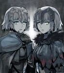  2girls blue_eyes capelet chain dual_persona fate/apocrypha fate/grand_order fate_(series) fur_collar gauntlets green_eyes grey_hair headpiece jeanne_d&#039;arc_(alter)_(fate) jeanne_d&#039;arc_(fate) jeanne_d&#039;arc_(fate/apocrypha) looking_at_viewer medium_hair multiple_girls pale_color spot_color yuugiri 