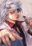  1boy eyepatch food grey_hair hair_over_one_eye holding holding_food hungry_clicker jacket long_sleeves looking_at_viewer madarame_baku male_focus one_eye_covered parted_lips popped_collar red_shirt shirt smile solo upper_body usogui white_jacket 