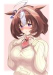  1girl @_@ ahoge animal_ears aran_sweater bangs beige_sweater black_ribbon blue_ribbon blush breasts brown_hair ear_ribbon eyebrows_visible_through_hair gift hairband heart holding horse_ears horse_girl large_breasts long_sleeves looking_at_viewer meisho_doto_(umamusume) multicolored_hair parted_lips pink_background purple_eyes ribbed_sweater ribbon short_hair solo streaked_hair sweater tobari0394 turtleneck turtleneck_sweater umamusume upper_body white_hair 