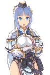  1girl :d armor bangs blue_eyes blue_hair blunt_bangs breasts cowboy_shot crossed_arms elbow_pads eyebrows_visible_through_hair granblue_fantasy hat large_breasts long_hair looking_at_viewer mina_(shingeki_no_bahamut) open_mouth parted_bangs pauldrons pelvic_curtain shoulder_armor simple_background smile solo standing white_background yuugiri 