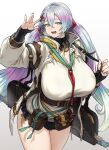  1girl aqua_eyes aqua_hair bag belt breasts brown_belt cleavage cupitan_(granblue_fantasy) detached_collar gradient gradient_background granblue_fantasy grey_background hair_between_eyes hair_ornament hand_up highres holding holding_bag houtengeki huge_breasts long_hair looking_at_viewer multicolored_hair open_mouth purple_hair rainbow_hair red_neckwear shirt silver_hair solo sweat teeth thighs twintails upper_teeth white_background white_shirt 