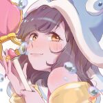  1girl bangs bare_shoulders black_hair blush eyebrows_visible_through_hair fish_hat hands_up highres holding holding_staff league_of_legends long_hair lulu_(league_of_legends) orange_eyes pool_party_lulu ruan_chen_yue signature smile solo staff 