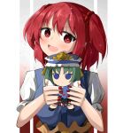  1girl :d balance_scale bangs border doll eyebrows_visible_through_hair fumo_(doll) hair_bobbles hair_ornament heart heart-shaped_pupils highres holding holding_doll looking_at_viewer onozuka_komachi open_mouth red_eyes red_hair red_nails shiki_eiki short_hair short_sleeves smile spam_(spamham4506) star_(symbol) symbol-shaped_pupils touhou two_side_up upper_body weighing_scale white_border 