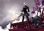  1boy 1girl black_blindfold black_dress black_legwear bleemjay blindfold boots breasts cloud crane_(machine) dress gloves highres holding holding_sword holding_weapon long_sleeves looking_at_another nier_(series) nier_automata ruins shadow short_hair shorts socks sword thighhighs weapon white_hair yorha_no._2_type_b yorha_no._9_type_s 