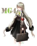  1girl absurdres bangs black_skirt blush bow bowtie breasts brown_jacket brown_vest character_name closed_mouth eyebrows_visible_through_hair girls&#039;_frontline green_bow green_bowtie grey_eyes grey_hair hair_ornament hairclip highres holding_case jacket long_hair looking_at_viewer mg4_(girls&#039;_frontline) open_clothes open_jacket ryn_(rinorea) shirt skirt solo standing vest white_background white_shirt 