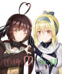  2girls bangs black_ribbon blonde_hair blue_gloves blush bow brown_hair brown_jacket character_name closed_mouth eyebrows_visible_through_hair girls&#039;_frontline gloves green_bow green_hairband hair_bow hair_ribbon hairband heart heart_print highres jacket long_hair looking_at_viewer m14_(girls&#039;_frontline) multiple_girls open_clothes open_jacket ponytail red_eyes ribbon russian_flag ryn_(rinorea) scarf smile sv-98_(girls&#039;_frontline) twintails upper_body white_background white_jacket white_scarf yellow_eyes 