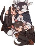  3girls antelope_ears antelope_horns australian_devil_(kemono_friends) bare_shoulders batten_japari_dan black_bow black_bowtie black_cape black_hair black_legwear black_shirt black_skirt blackbuck_(kemono_friends) blouse bow bowtie brown_footwear brown_gloves cape chin_stroking closed_eyes curled_up detached_sleeves extra_ears eyebrows_visible_through_hair eyepatch fangs gloves hair_over_one_eye hand_on_another&#039;s_shoulder head_on_another&#039;s_shoulder head_tilt highres horns igarashi_(nogiheta) kemono_friends loafers long_hair long_sleeves looking_at_another medical_eyepatch multicolored_hair multiple_girls open_mouth pantyhose pleated_skirt red_eyes seiza shirt shoes short_hair sitting skirt sleeping sleeping_on_person sleeveless smile tasmanian_devil_(kemono_friends) tasmanian_devil_ears tasmanian_devil_tail thighhighs white_blouse white_hair white_legwear white_skirt zettai_ryouiki 