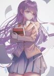  1girl absurdres blue_skirt book brown_jacket closed_mouth crossed_arms doki_doki_literature_club hair_ornament hairclip highres holding holding_book jacket long_hair looking_to_the_side paper purple_eyes purple_hair school_uniform skirt solo wny_(wnys_art) yuri_(doki_doki_literature_club) 