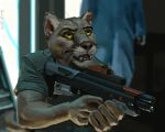  2017 anthro cougar felid feline gun looking_up male mammal muscular open_mouth ranged_weapon rolled_up_sleeves solo swish teeth the_expanse weapon whiskers yellow_eyes 