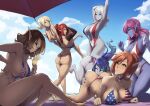  6+girls all_fours american_flag_bikini arm_up ass beach_umbrella between_buttocks bikini blonde_hair blue_choker blue_skin blue_sky blush breasts brown_hair canadian_flag_bikini choker cloud cocktail_glass colored_skin cup dark_elf drinking_glass drinking_straw earrings elf face_in_ass flag_print food french_flag_swimsuit fruit german_flag_bikini green_eyes halterneck highres jewelry large_breasts lemon lemon_slice long_hair multiple_girls navel one-piece_swimsuit orange_hair original packge pointy_ears ponytail purple_hair purple_skin red_choker red_hair side-tie_bikini sitting sky standing swimsuit umbrella union_jack_bikini white_hair yellow_eyes 