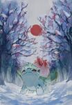  claws closed_mouth commentary_request day fangs fangs_out highres ivysaur looking_up no_humans outdoors penurodae pokemon pokemon_(creature) red_eyes sky snow solo standing tree 