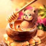 :d animal_focus arms_up bathing blurry blush bowl brown_eyes claws commentary flower fluffybiscotti happy honey honey_dipper no_humans open_mouth pink_flower pokemon pokemon_(creature) smile solo teddiursa 