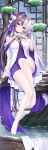  1girl absurdly_long_hair azur_lane bare_shoulders breasts dress full_body hair_cones hand_on_own_chest highres in_tree long_hair looking_at_viewer medium_breasts multicolored_hair official_alternate_costume pantyhose purple_dress purple_hair sitting sitting_in_tree solo split-color_hair summer-d_(dodojune) tree two-tone_dress two-tone_hair very_long_hair water white_dress white_hair white_legwear ying_swei_(azur_lane) ying_swei_(snowy_pine&#039;s_warmth)_(azur_lane) 