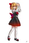  1girl a-xii arms_up ascot black_footwear black_skirt black_vest blonde_hair bow collared_shirt footwear_bow gradient_skirt hair_bow highres long_sleeves mary_janes own_hands_together red_bow red_eyes red_nails red_skirt rumia sharp_teeth shirt shoes short_hair simple_background skirt skirt_set smile solo teeth thighhighs touhou vest white_background white_legwear white_shirt zettai_ryouiki 