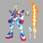  blue_eyes clenched_hands energy_sword grey_background gundam gundam_build_fighters gundam_build_fighters_try highres mecha mega_man_(series) mega_man_x_(series) no_humans parody solo standing style_parody sword try_burning_gundam ultimatemaverickx v-fin weapon 