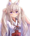  1girl absurdres animal_ear_fluff animal_ears bangs blush bow brown_hair bunching_hair closed_mouth commentary_request eyebrows_visible_through_hair fox_ears fox_girl hair_between_eyes hands_up highres iroha_(iroha_matsurika) japanese_clothes kimono koyoi_(iroha_(iroha_matsurika)) looking_at_viewer miko original purple_eyes red_bow simple_background solo sweat two_side_up upper_body white_background white_kimono 