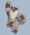  2022 anthro armpit_hair balls belly body_hair bottomwear clothing genitals hi_res loincloth male metasighty moobs navel nintendo nipples overweight overweight_male penis perrserker pok&eacute;mon pok&eacute;mon_(species) simple_background solo video_games 