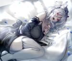  1girl animal_ears bare_shoulders breasts cleavage looking_at_viewer lying maid_headdress medium_hair on_side open_mouth original petals red_eyes solo tail teeth thighhighs walzrj wendy_(walzrj) white_hair white_legwear wolf_ears wolf_tail 