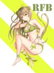  1girl bangs bare_shoulders barefoot blonde_hair blush bow breasts character_name cleavage closed_mouth collarbone double_bun eyebrows_visible_through_hair full_body girls&#039;_frontline green_eyes green_swimsuit hair_bow highres long_hair looking_at_viewer lying medium_breasts navel on_side rfb_(girls&#039;_frontline) ryn_(rinorea) simple_background smile solo swimsuit 