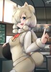  1girl alpaca_ears alpaca_girl alpaca_suri_(kemono_friends) alpaca_tail animal_ear_fluff animal_ears blonde_hair blue_eyes breast_pocket chalkboard commentary_request cowboy_shot eyebrows_visible_through_hair from_side fur-trimmed_sleeves fur_scarf fur_trim gradient_hair grey_hair hair_bun hair_over_one_eye hand_up highres holding holding_tray horizontal_pupils index_finger_raised indoors john_(a2556349) kemono_friends long_bangs long_sleeves looking_at_viewer medium_hair multicolored_hair open_mouth pocket scarf shorts smile solo sweater_vest tail tray two-tone_hair waitress 