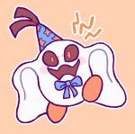  bed_sheet black_eyes blue_ribbon blush doopliss ghost happy hat kcdoos mario mario_(series) open_mouth orange_footwear paper_mario party_hat red_pupils ribbon shoes smile spirit star_(symbol) walking 