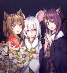  3girls ahoge animal_ears aqua_eyes bangs blush brown_hair cow_ears cowboy_shot earrings eyebrows_visible_through_hair eyes_visible_through_hair fang floral_print hair_between_eyes hair_over_shoulder hatsumoude horns japanese_clothes jewelry kimono long_hair looking_at_viewer mouse_ears multiple_girls new_year night open_mouth original outdoors own_hands_together purple_eyes purple_hair red_eyes shiny shiny_hair skin_fang sky star_(sky) starry_sky thick_eyebrows tiger_ears white_hair yuki_kawachi 
